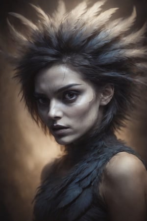 the skull is distorted by the twists and turns of a woman with dark hair, in the style of neon impressionism, dark blue and light black, photoillustration, made of feathers, expressive light and shadow, expressionist emotiveness
,dark,chiaroscuro