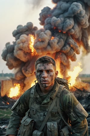 [batllefield] photo of a [27 yo man],round face, [fate soldier], [camouflage uniform], [defensive position], [smoke and explosions], [european setting], [late afternoon dusk lighting], [high camera angle], [long zoom lens medium format camera], in the style of [Apocalypse Now],detailmaster2,Explosion Artstyle