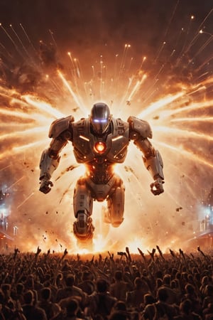 cybord,((masterpiece, best quality)),photo, a two robot flying in front of a run crowd of people, war, shoots lasers from the chest, night blury a running crowd people on background, bokeh lens, detailmaster2,robot,detailmaster2,HellAI,Movie Still,Explosion Artstyle