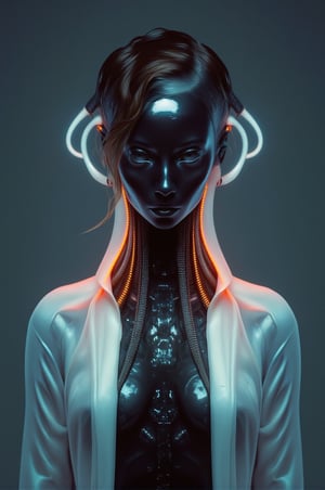 Cyberpunk female android wearing a white shirt, ((The shirt is wet and transparent)),see-through clothes, A cybernetic body can be seen underneath, light reflecting off the mirrored mechanical body, short wavy brown hair, and piercing eyes. Mechanical neck and chest with intricate details. Futuristic background with holographic elements. Anime style, high-contrast lighting, detailed mechanical parts, elegant yet robot-like poses, and a sophisticated and mysterious atmosphere.,lyh_kuno,Weird_Aquatic_Style,weird_futuristic_fashion