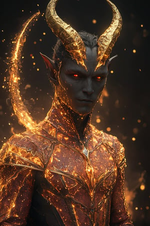 a beautiful man is wearing a devil costume and Horns on his front made of gold and fire, black skin, glowing light particles and sparkles in the style of glitter and diamond dust, hyper-realistic fire, fairycore, hkmagic, masterpiece, best quality, highly detailed, sharp focus, dynamic lighting,cip4rf,hkevil,tranzp