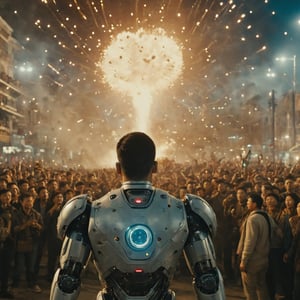 cyborg,((masterpiece, best quality)),photo, a asian robot guy flying in front of a crowd of people, war, shoots lasers from the chest, night blury a crowd people on background, bokeh lens, detailmaster2,robot,detailmaster2,HellAI,Movie Still,Explosion Artstyle,biopunk style,biopunk