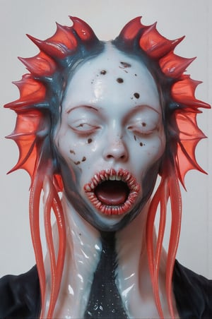 Horror-themed ethereal fantasy concept art of macabre style, white skin color, body portrait, Fairy tale Goreprint Style Evil Cordyceps Infection Macabre Zombie Aberration],open mouth on terrific teeth,forked tongue,Watercolor with ink pen outline, ultrarealistic, sharp features, majestic, a million details Style of Alberto Sevesso, H. R. Giger, [Nero and Rosso Palette] , ethereal, sadness, ominous, scarred, highly detailed, vibrant, production cinematic character render, ultra high quality model, detail textures, detail face, reptilian eyes, vray, 3D octane render . Magical, fantastical, enchanting, storybook style, highly detailed, detailed skin texture, . Eerie, unsettling, dark, spooky, suspenseful, grim, highly detailed
,Sci-fi ,aw0k,futuristic alien,sci_fi,Weird_Aquatic_Style,Weird_Alien_Fashion