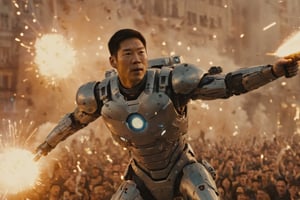 cyborg,((masterpiece, best quality)),photo, a asian guy flying in front of a crowd of people, war, shoots lasers from the chest, night blury a crowd people on background, bokeh lens, detailmaster2,robot,detailmaster2,HellAI,Movie Still,Explosion Artstyle,biopunk style,biopunk