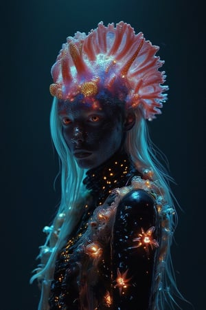 An oceanic oracle rises from the depths of the sea, her form both fluid and ethereal. Her head is adorned with an abstract crown made of coral, intricately shaped and glowing with bioluminescent blues and purples. The coral crown is intertwined with delicate gold ornamentals, shimmering like treasure found in the deep ocean. Her hair flows like water, blending seamlessly into the surrounding waves, and her skin has a soft, iridescent sheen. She wears a gown made of seaweed and shells, with gold accents woven throughout, and delicate sea flowers bloom along her arms, glowing softly in the dim light of the ocean. The scene is mysterious and enchanting, capturing the deep, ancient wisdom of the sea, similar to the underwater fantasy art of Tomasz Alen Kopera.,Weird_Aquatic_Style