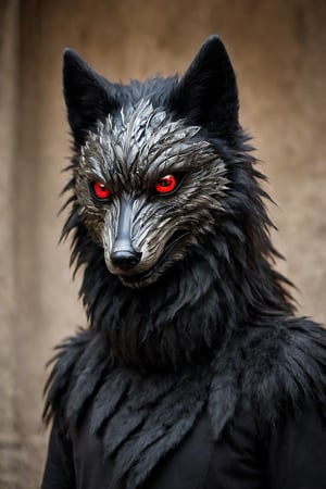  mask, a person standing in a black wolf mask 18th century,red eye, ral-bling,alien