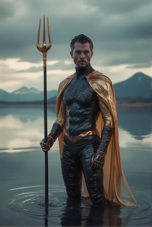 Aquatic Superhero Standing Proud, color digital photograph, man, superhero costume, trident, serious expression, standing in water, cloudy sky, mountains in the distance, costume with scale pattern, metallic gold accessories, caped glove, overcast lighting, stoic pose, vibrant colors, water reflection, outdoor setting, cinematic look