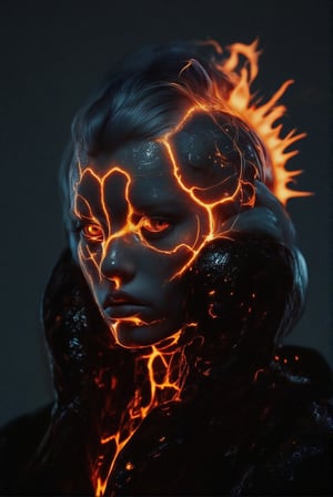 A surreal close-up of a human face where the skin appears to crack open like ceramic, revealing molten lava underneath. The cracks are glowing bright orange, and the person's eyes have an intense, fiery glow. The hair is a smoky gray, with embers flickering at the tips. The lighting is dramatic, casting harsh shadows that enhance the molten effect. The atmosphere is otherworldly and intense, with a burning, apocalyptic feel.     DB4RZ, DB4RZ style painting,   f4nt4st1c,Weird_Aquatic_Style,Weird_Alien_Fashion