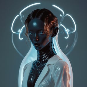 Cyberpunk female android wearing a white shirt, ((The shirt is wet and transparent)),see-through clothes, A cybernetic body can be seen underneath, light reflecting off the mirrored mechanical body, short wavy brown hair, and piercing eyes. Mechanical neck and chest with intricate details. Futuristic background with holographic elements. Anime style, high-contrast lighting, detailed mechanical parts, elegant yet robot-like poses, and a sophisticated and mysterious atmosphere.,lyh_kuno,Weird_Aquatic_Style,weird_futuristic_fashion