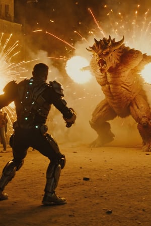 monster,((masterpiece, best quality)),photo, a two monsters duel in front of a run crowd of people, war, shoots lasers from the chest, night blury a running crowd people on background, bokeh lens, detailmaster2,robot,detailmaster2,HellAI,Movie Still,Explosion Artstyle,biopunk style,biopunk