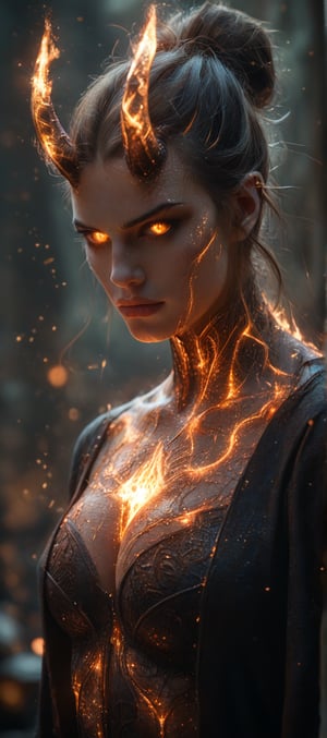 a beautiful man is wearing a devil costume and Horns on his front made of gold and fire, transparent skin, glowing light particles and sparkles in the style of glitter and diamond dust, hyper-realistic fire, fairycore, hkmagic, masterpiece, best quality, highly detailed, sharp focus, dynamic lighting,cip4rf,hkevil,tranzp,creature,sci_fi,XUER martial arts style