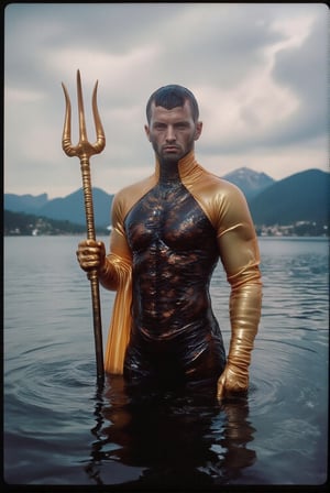 Aquatic Superhero Standing Proud, color digital photograph, man, superhero costume, trident, serious expression, standing in water, cloudy sky, mountains in the distance, costume with scale pattern, metallic gold accessories, caped glove, overcast lighting, stoic pose, vibrant colors, water reflection, outdoor setting, cinematic look