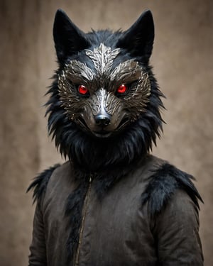  mask, a person standing in a black wolf mask 18th century,red eye, ral-bling,alien