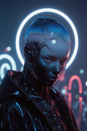 best quality, masterpiece, Expressiveh, android girl, full body, (realistic:1.3, 16K, top quality, masterpiece, Ultra-high resolution), ((light rain, bottom)), Perfect dynamic composition:1.2, Highly detailed skin, Incredibly thin body, blue HAIR, fair skin, ((neon cyberpunk plug suit)), necklace, earrings, bracelet, ((flat chest)), (thigh gap), blank expression, (Modern futuristic city at night, Expressions of sadness:0.5), ((cyberpunk motorcycle)),Weird_Aquatic_Style,weird_futuristic_fashion