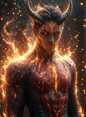 a beautiful man is wearing a devil costume and Horns on his front made of gold and fire, glowing light particles and sparkles in the style of glitter and diamond dust, hyper-realistic fire, fairycore, hkmagic, masterpiece, best quality, highly detailed, sharp focus, dynamic lighting,cip4rf,hkevil