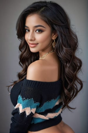 Generate realistic image of a most beautiful dark-skinned  Indian girl 16 yo  with gigantic breasts and deep cleavage, beautiful oval face, beautiful large black eyes, beautiful lips 👄, darkish healthy flawless skin,multicoloured hair,diamond  necklace, her hourglass silhouette emphasized by the soft draping of an off-shoulder orange and black sweater. With her long black hair cascading down her back, she gazes directly at the viewer with a captivating smile, her lips parting slightly in a subtle expression of warmth. intricate  high face detail,The sleeves of her sweater extend past her wrists, adding an elegant touch to her appearance and accentuating her graceful demeanor. blank no background , intricate details and high resolution 