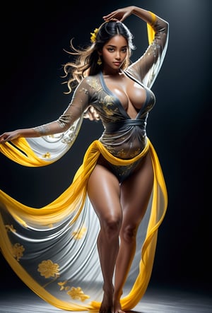 full body portrait of a 18 yo  beautiful indian shy beauty 💃 dancer,  draped in sheer ethereal fabrics in slow motion swirling around her body, looking at audience, gigentic boobs and clevage underneath sheer ethereal fabric that swirling around her body is captured in motion blur, sharp focus on eyes and cleavage,wearing erotic yellow  gray colours of darkness  as sheer ethereal exotics dance posturing , sexy see through erotic dance in action, beautiful thighs and tiny waist in erotic perspectives dinamicmotion capture of dynamic dancing poses in action, shots from  sideways and backsides , eye contact, defocused dark blank backround, ultra hd, realistic, vivid colors, highly detailed, UHD drawing, pen and ink, perfect composition, beautiful detailed intricate insanely detailed octane render trending on artstation, 8k artistic photography, photorealistic concept art, soft natural volumetric cinematic perfect light,girl,breasts,see-through kimono,perfect  composition, perfect lighting of ultimate cinematic style,