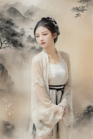 Double exposure and semi transparent image, portrayal of a teen girl, 18 years old from the Romance of the Tang Dynasty, full body portrait,  white see through clothes, low cutting, sexy, mountain and  tree paintings background, (chinese ink paintings, rice paper), rough Ink strokes, mono tone, mix with paper texture,  cutegirlmix, looking_at_viewer 