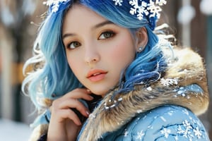 moments stretch and twist, turning a hurried walk into an eternity of swirling flakes. (masterpiece, detailed artwork), Snowflakes,1girl, golden eyes, sleepy, blush, (detailed lips), (cute winter coat, knitted winter coat), layla, twin drills, drill locks, blue hair, jewelry, sleepy eyes, Snow, snowflakes,masterpiece,FilmGirl