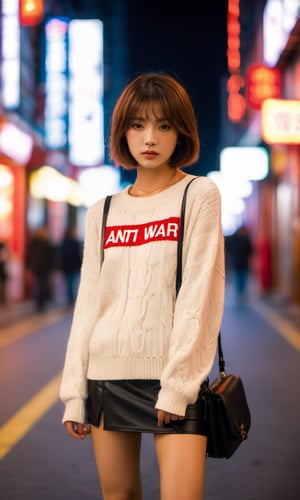 xxmixgirl, A young Japanese girl, short golden brown hair, bob cut, wear a white midriff sweater with some "ANTI WAR" signs, (Navel exposed), leather skirt, ((crouching)),  
 Navel exposed, cinematic outfit photo, cinematic pastel lighting, dark area, red light district, 70s Hong Kong, Temple Street, night time,neon light street, very blur background,  knitted sweater