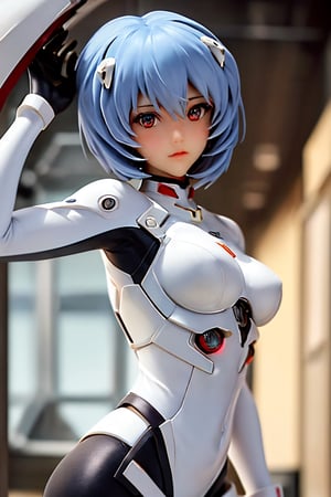 (Ayanami Rei) is a fictional character from the Neon Genesis Evangelion franchise, 1girl, solo, blue hair, blye eyes, white skin, perfect bob_cut, looking_at_viewer, white futuristic mecha shirt, sexy pose, erotic, outdoors, day, setting in a air force fighter, futuristic, blurry, lips, breasts, blurry future city background, cinematic light, dark area, posing, photorealistic, dreamgirl,(closed up head),Mecha body, with weapons,