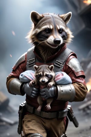 Rocket rescue babies: Guardians of the Galaxy movie role, brown color, raccoon ,  detail face and eyes, full body,  full metal gears, 8k, high resolution, photorealistic, armor, space ship background, blood, fighter, cinematic mood, pose of prepare to fight, ((running toward camera quickly)), ((weapons)), (((can see: holding a new born babies raccoon in arm))),
big exposing bomb at behind, many fire, 
 very dangerous,