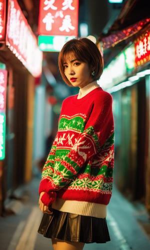 xxmixgirl, A young Japanese girl, short golden brown hair, bob cut, (wear a christmas coloring midriff, sweater with some "MERRY X'MAS" signs in green and red), (Navel exposed), leather skirt, ((crouching on street)), (skirt lift) 
 Navel exposed, cinematic outfit photo, cinematic pastel lighting, dark area, red light district, 70s Hong Kong, Temple Street, Christmas time, night time,neon light street, very blur background,  knitted sweater