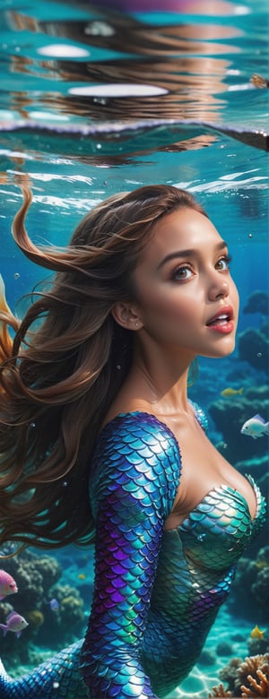 Wide-angle zoomed on face, Create a beautiful Mermaid woman floating underwater in a sea of crystalline water,   (Jessica Alba), 20 years old, oval face, thicker red lips, big mouth, open mouth, beatiful eyebrows and eyes shadow, sexy, hair flowy, work of beauty and complexity, hyperdetailed hyper-realistic face, 8kUHD, close-up focused on the woman's face, sea garden background , curvy-slim with large breasts and wide hips,  fish liked tail, body covered in colorful tattoos, swimming-flippers, half body, High detailed ,fantasy00d,monochrome,monster,aw0k euphoric style