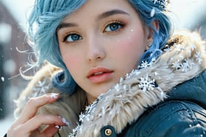 moments stretch and twist, turning a hurried walk into an eternity of swirling flakes. (masterpiece, detailed artwork), Snowflakes,1girl, golden eyes, sleepy, blush, (detailed lips), (cute winter coat, knitted winter coat), layla, twin drills, drill locks, blue hair, jewelry, sleepy eyes, Snow, snowflakes,masterpiece,FilmGirl