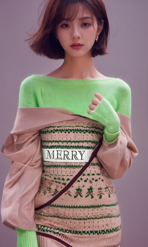 xxmixgirl, A young Japanese girl, short golden brown hair, bob cut, (wear a christmas coloring midriff, sweater with some "MERRY X'MAS" signs in green and red), (Navel exposed), leather skirt, ((crouching on street)), (skirt lift) 
 Navel exposed, cinematic outfit photo, cinematic pastel lighting, dark area, red 
light district, 70s Hong Kong, Temple ("MERRY CHRISTMAS" text logo: 1.3),Street, Christmas time, night time,neon light street, very blur background,  knitted sweater,TEXT LOGO