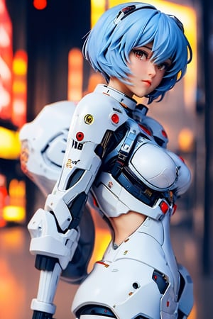 (Ayanami Rei) is a fictional character from the Neon Genesis Evangelion franchise, 1girl, solo, blue hair, blye eyes, white skin, bob_cut, looking_at_viewer, white futuristic mecha shirt, (bra top, open breasts), sexy pose, erotic, outdoors, day, setting in a air force fighter, futuristic, blurry, lips, breasts, blurry future city background, cinematic light, evening, posing, photorealistic, dreamgirl,portrait,Mecha body