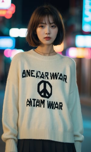 xxmixgirl, A young korean towboy, very short hair,  bob cut, wear a sweater with some anti war signs realism, cinematic outfit photo, cinematic pastel lighting, 80s neon street background, knitted sweater