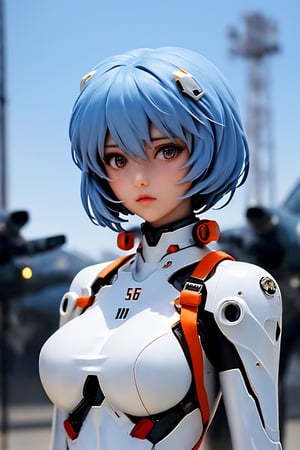 (Ayanami Rei) is a fictional character from the Neon Genesis Evangelion franchise, 1girl, solo, blue hair, blye eyes, white skin, perfect bob_cut, looking_at_viewer, white futuristic mecha shirt, action pose, outdoors, day, setting in a air force fighter, futuristic, blurry, lips, breasts, blurry future city background, cinematic light, dark area, posing, photorealistic, dreamgirl,(closed up head),Mecha body, with weapons,