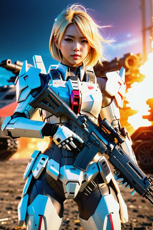 A beautiful girl, Japanese girl,  futuristic gear which like Gundam, helmet, machine gun, blonde hair, full body, can see the face, full weapons, in a future battlefield, Sunshine flare, photorealistic, cinematic lighting, 8k,