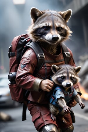  Rocket rescue babies: Guardians of the Galaxy movie role, brown color, raccoon ,  detail face and eyes, full body,  full metal gears, 8k, high resolution, photorealistic, armor, space ship background, blood, fighter, cinematic mood, pose of prepare to fight, (running  toward camera), (with weapons), (((Can see: holding two babies raccoon in backpack))),
big exposing bomb at behind, many fire, 
 very dangerous,