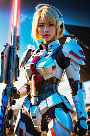 A beautiful girl, Japanese girl,  futuristic gear which like Gundam, helmet, lightsaber, blonde hair, full body, can see the face, full weapons, in a future battlefield, Sunshine flare, photorealistic, cinematic lighting, 8k,