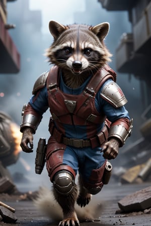  Rocket rescue babies: Guardians of the Galaxy movie role, brown color, raccoon ,  detail face and eyes, full body,  full metal gears, 8k, high resolution, photorealistic, armor, space ship background, blood, fighter, cinematic mood, pose of prepare to fight, (running  toward camera), with weapons, ((carrying some cute baby raccoon)),
big exposing bomb at behind, very dangerous,