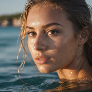 hyperdetailed photography backlighting exposed grainy photo of beautiful woman model italian submerged in the sea water reflection in the water, wet hair, drops of water on the face, sensual expression, brown eyes, little freckles, long eyelashes, detailed pores, tan skin, brown blonde hair, without jewelry, without collar, without clothes, without bikini, shot in tulum beach with a canon 6D lens f 1.8 camera in a raw-style format