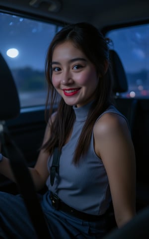 a professional photograph showcasing of miss universe swiss in car at night.She sat in the back seat of the car,The Milky Way shines through the window,smile,she were grey sleeveless_turtleneck,tight blue jean,black ankle boots,her skin is sweat and shiny,wet_body,shiny_lips,full makeup,red_lipstick,red_rouge,extreme realism, real life, realistic image, high-quality lighting,16k UHD.aesthetic,film,beautiful face, (realistic face), beautiful hairstyle, realistic eyes, beautiful detailed eyes, (realistic skin),ultra high res, ultra realistic, hightly detailed,golden ratio.full_body.