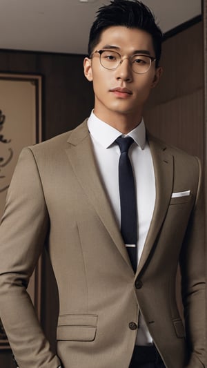 masterpiece, 1 Man, Handsome, Chinese ,Look at me, Brown eyes, sparkling eyes,Short hair,Angular face, there has some stubble on his face,glasses, courage,bare, tanned skin, dark nipples, sexy chest, 3
40 years old,180cm, secretary, he is in a 
 suit, indoors, in a room full of sunshine, making a pose about invite the viewer,textured skin, super detail, best quality