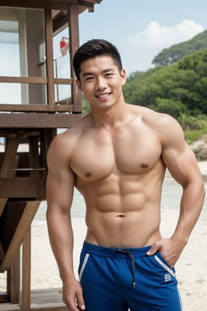 Best quality, 4k, 8k, masterpiece, ultra-detailed, photorealistic, man, straight hair, looking at viewer, brown hair, smiling, hazel eyes, upper body, outdoors, day, blurry, lips, blurry background, beach, fit, lifeguard tower, realistic, lifeguard, photorealistic

Asian-American lifeguard standing by a lifeguard tower on a sunny beach.