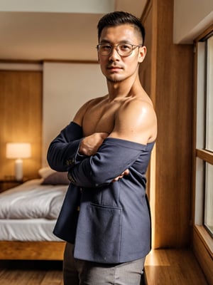 masterpiece, 1 Man, Handsome, Chinese ,Look at me, Brown eyes, sparkling eyes,Short hair,Angular face, there has some stubble on his face,glasses, courage,bare, tanned skin, dark nipples, sexy chest, 3
40 years old,180cm, secretary, he is in a 
 Black suit, indoors, in a room full of sunshine, making a pose about invite the viewer,textured skin, super detail, best quality