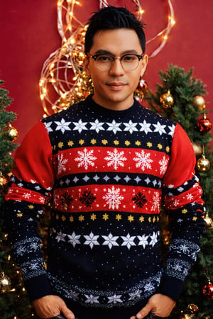 Christmas solo,black leather gloves,ugly sweater,christmas_clothes, 1man, black hair, male focus, glasses,christmas background,christmas