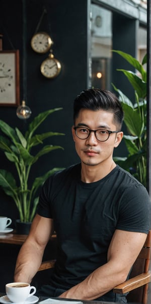 Imagine the following scene:

Realistic photograph of a coffee shop, at morning, where full of plants. Sitting on the chair ,a handsome 
 man is drinking a coffee.

The man is from China. 30 years. Very big and bright brown eyes, black-hair , full and red lips, long eyelashes, masculine. blushing cheeks. muscular, very freckled, many freckles.

The man wears a black t-shirt, undercut. The man has wearing a glasses. There is a black leather clock on his arm.

The shot is wide to capture the details of the scene. Full body shot. best quality, 8K, high resolution, masterpiece, HD, perfect proportions, perfect hands.