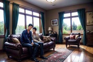 Two handsome aomine daiki in a living room with a big window 