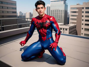 1 handsome boy kneeling on the rooftop, buildings rooftop background, 8k, 1boy, full body, right hand on ground, beefcake, ((erotic spiderman bodysuit)), big arms, big chest, big bulge, strong legs spreading, best quality,  ultra high res,  (Professional Photo:1.4),  ultra realistic,  textured skin,  remarkable detailed pupils, no skin noise,  visible skinkin detail,  skin fuzz,  dry smm,  High detailed, nsfw, handsome boy