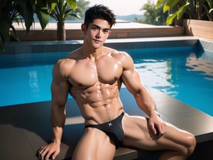 1 handsome boy posing on the bench, swimming pool background,  8k,  1boy,  full body,  beefcake,  bare chest,  bare shoulders,  ((erotic thong swimwear)),  mens swimwear,  big arms,  big chest,  big bulge, legs spreading, best quality,  ultra high res,  (Professional Photo:1.4),  ultra realistic,  textured skin,  remarkable detailed pupils,  no skin noise,  visible skinkin detail,  skin fuzz,  dry smm,  High detailed,  nsfw,  handsome boy, Asian boy