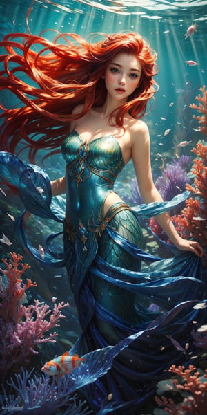 A masterpiece of mesmerizing beauty, captured with exceptional detail (1.4). Under the radiant blue eyes of this mystical underwater realm, a stunning Little Mermaid swims effortlessly, her fiery red locks flowing like seaweed behind her. Schools of vibrant tropical fish dart through the coral reefs and sea anemones, as scales shimmer in the soft ocean light. The bluescales hues evoke a sense of wonder, transporting the viewer to an enchanting, dreamlike world beneath the waves.