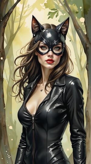 Watercolor-inspired portrait of a Catwoman. The background dissolves into an abstract blend of forest greens and browns, punctuated by occasional splashes of light creating a serene atmosphere. Her figure stands in high contrast against the muted backdrop, drawing focus.