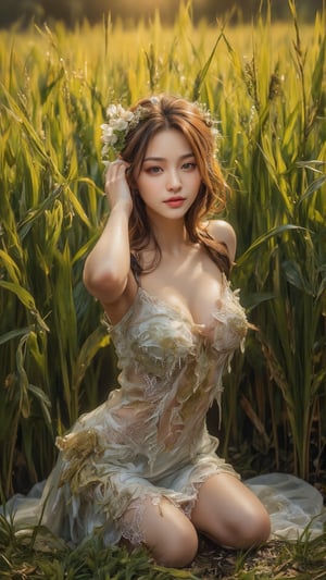 A sun-kissed beauty poses amidst a lush green rice field, her porcelain skin glowing against the golden hue. She wears a tattered, yet tantalizing scarecrow costume, its frayed edges and faded fabric adding to her allure. The once-whole dress now lies in disarray, as if ravaged by the elements or a mischievous force. Her sultry gaze seems to dare the camera to capture the essence of this surreal scene, where nature's beauty collides with the artificial charm of cosplay.